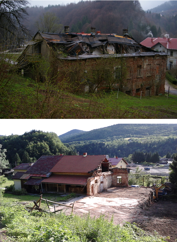 Ruševna zgrada na prilazu u Kamačnik nekada i danas