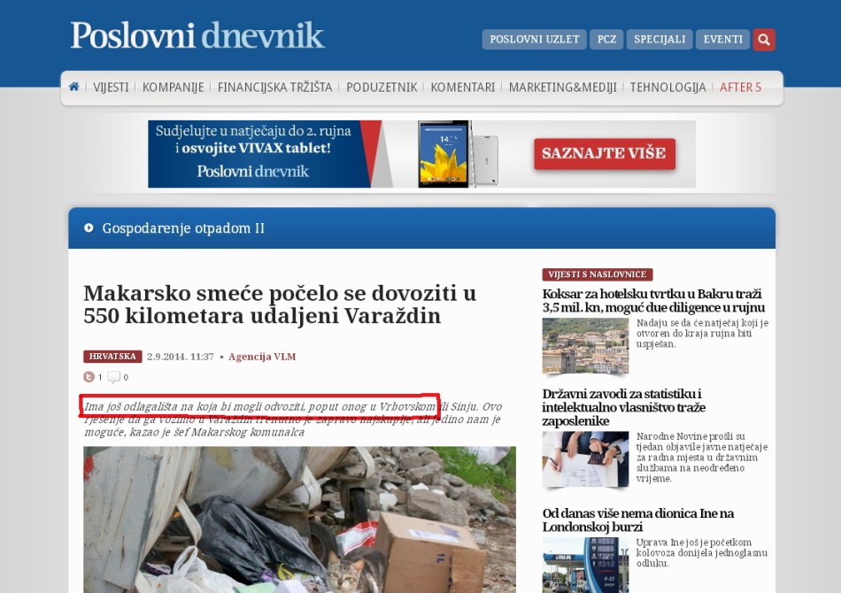 Članakna portalu poslovni.hr u kojem se spominje mogućnost da je smeće završilo u Vrbovskom